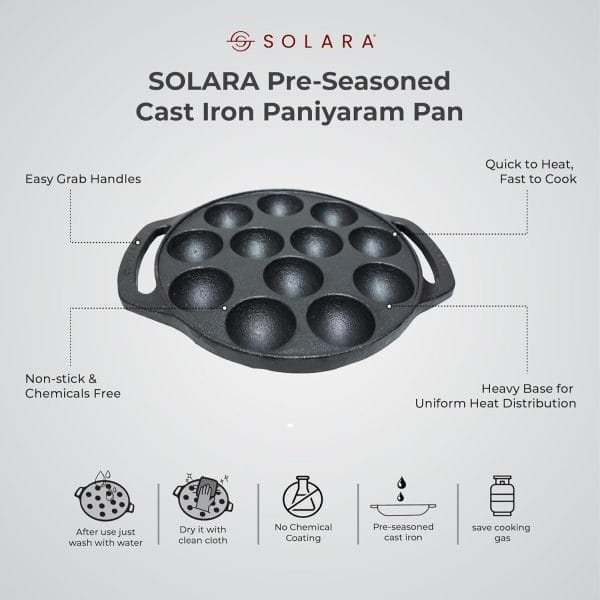 SOLARA Pre Seasoned Cast Iron Paniyaram Pan - Image 2