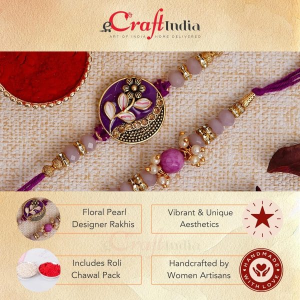 eCraftIndia Set of 2 Purple Floral & Pearl Designer Rakhis - Image 2