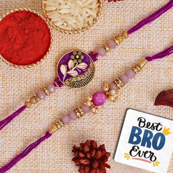 eCraftIndia Set of 2 Purple Floral & Pearl Designer Rakhis